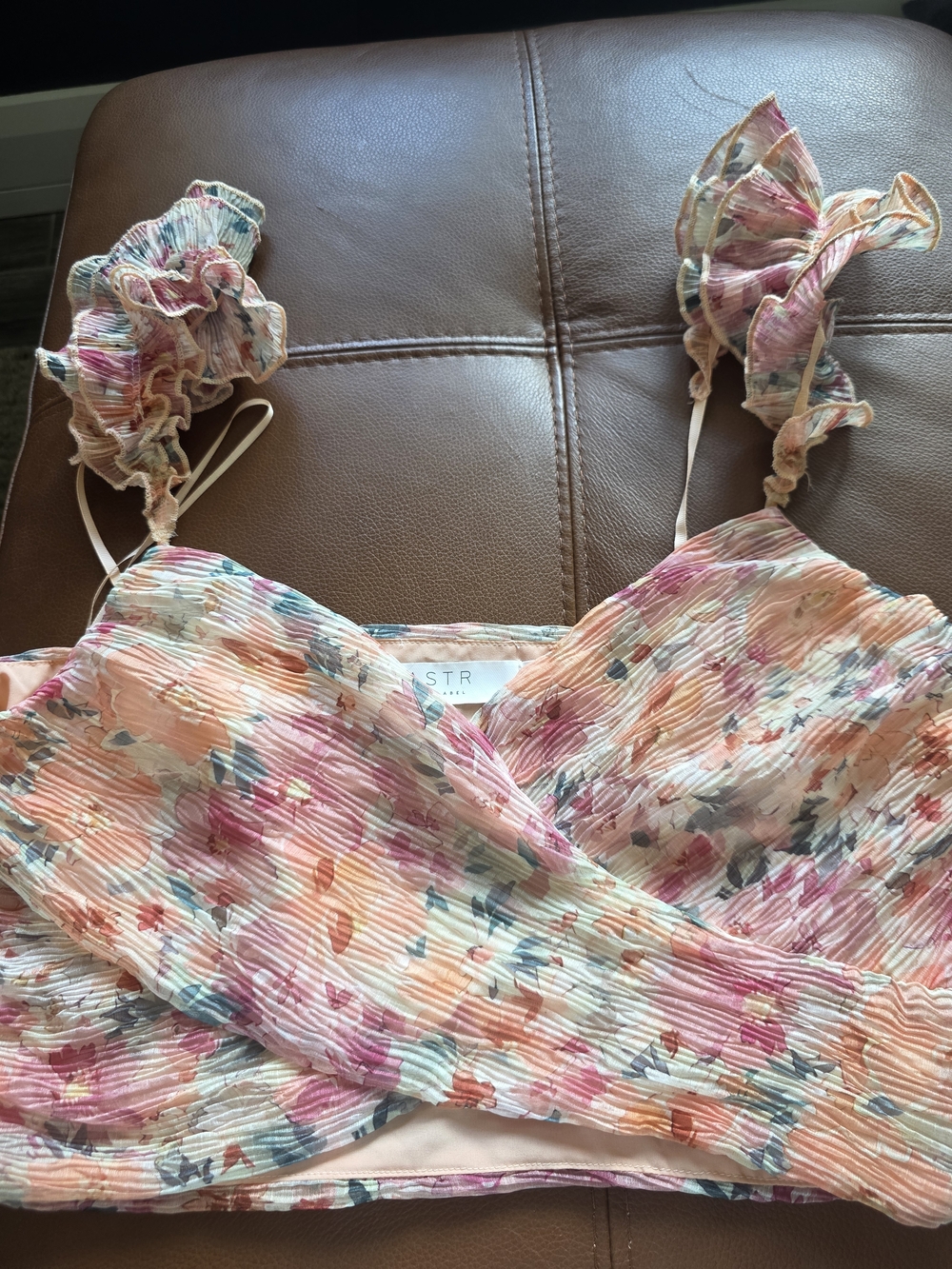ASTR Floral Ruffle Strap Crop Top in Pastel Watercolor